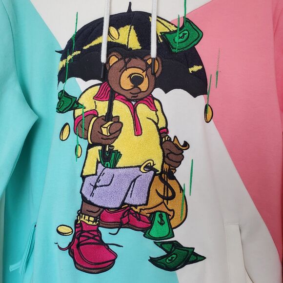 CivilizeD Bear Colorblock Hoodie Sweatshirt Streetwear Raining Money Hip Hop S - Picture 2 of 16